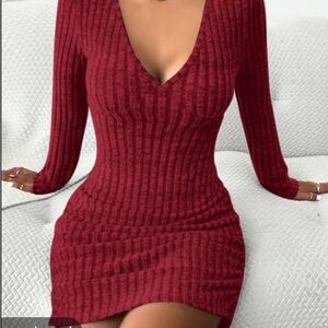 Long sleeve sweater dress V neck